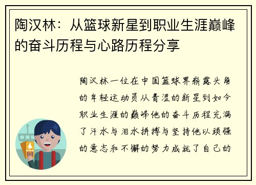 陶汉林：从篮球新星到职业生涯巅峰的奋斗历程与心路历程分享