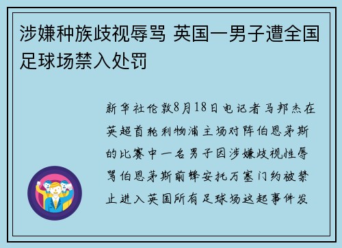 涉嫌种族歧视辱骂 英国一男子遭全国足球场禁入处罚 涉嫌种族歧视辱骂 英国一男子遭全国足球场禁入处罚